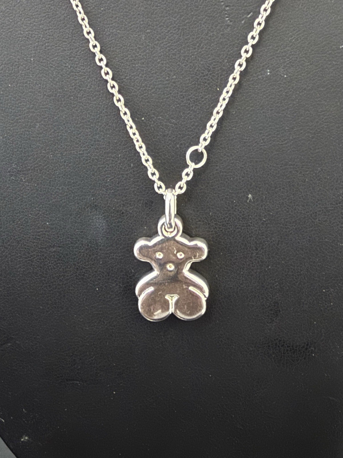 TOUS 925 Sterling Silver Signed Teddy Bear Charm Pendant Cable Necklace