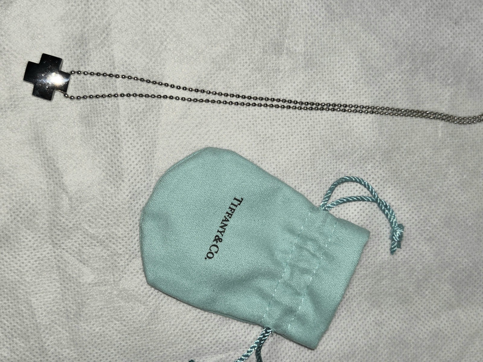 Tiffany & Co. 925 Sterling Square Roman Cross On Ball Chain Necklace Signed
