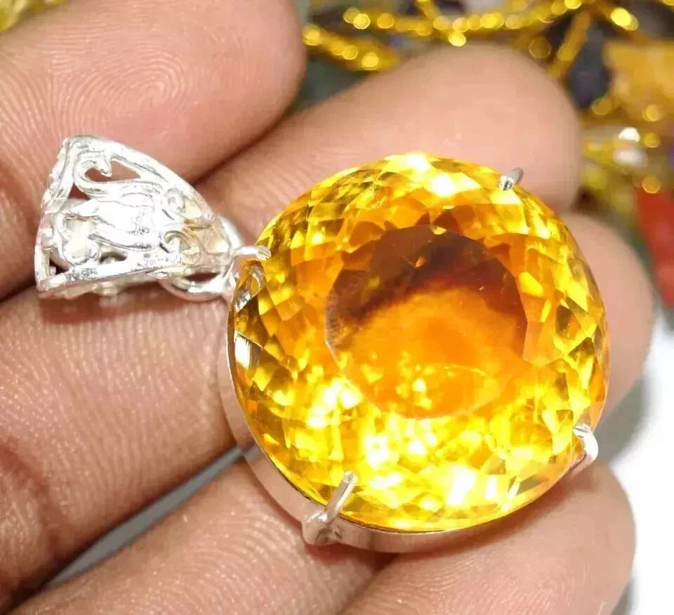 90 CT+ Flawless Yellow Citrine Pendant 925 Sterling Silver Plated Jewelry