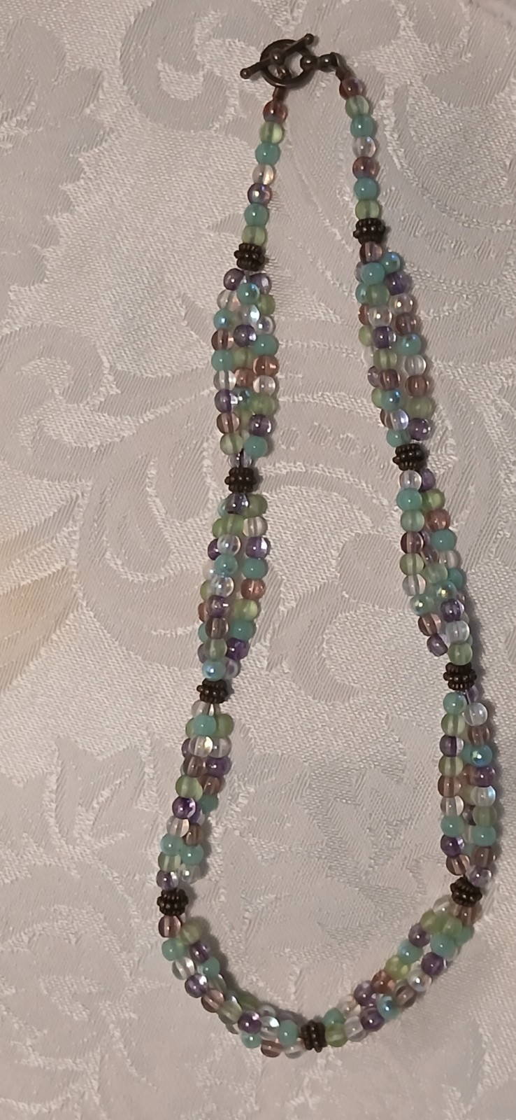 Triple Strand Choker, Amethyst, Blue, Clear, Glass, Toggle Clasp, 15″, Handmade
