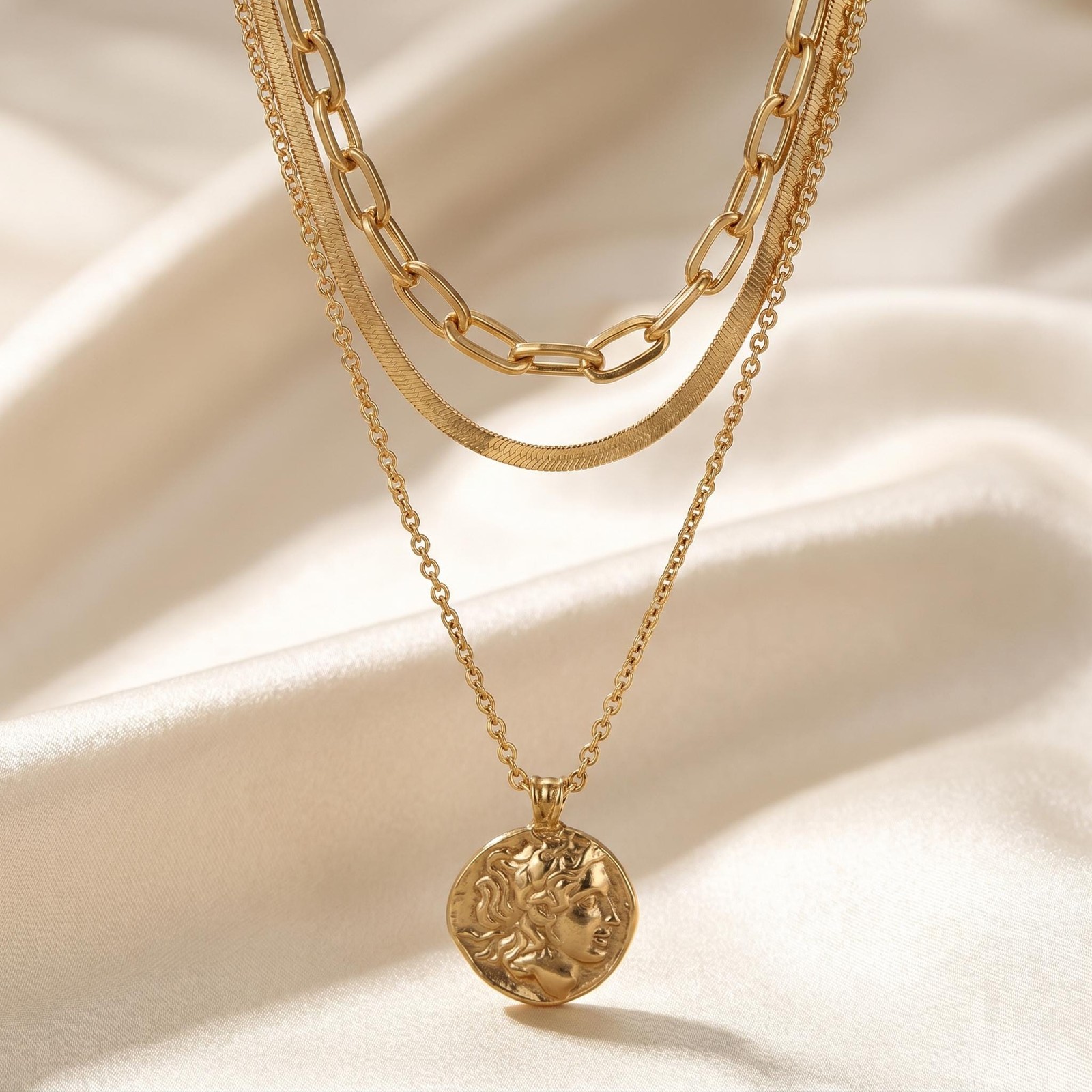 Layered Gold Coin Pendant Necklace Set | Chunky Paperclip Chain Medallion