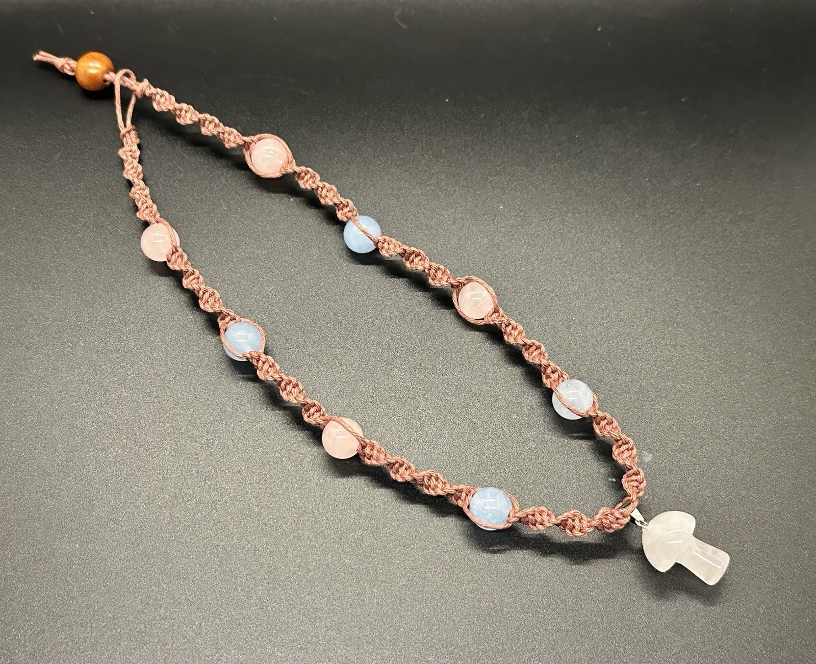 White Mushroom Pendant Necklace Handmade W/ Aquamarine & Rose Quartz 16″