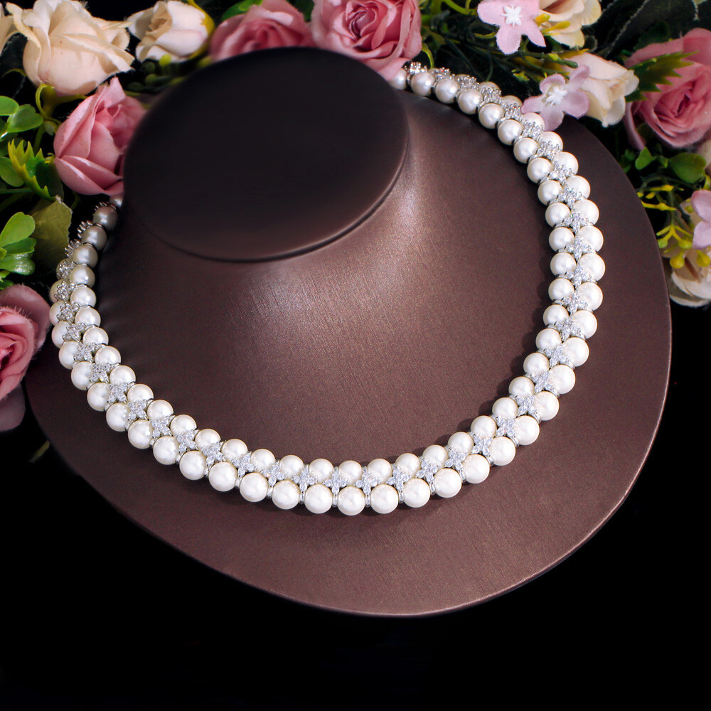 Handmade Pearl Cubic Zircon Multiple Cluster Wedding Engagement Choker Necklace