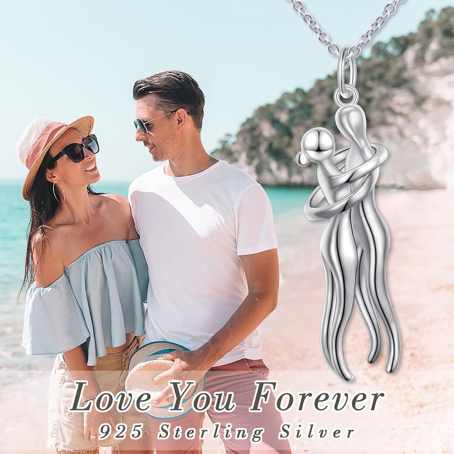 Hug Couple Necklace 925 Sterling Silver Hugging Anniversary Jewelry Gift Him Her