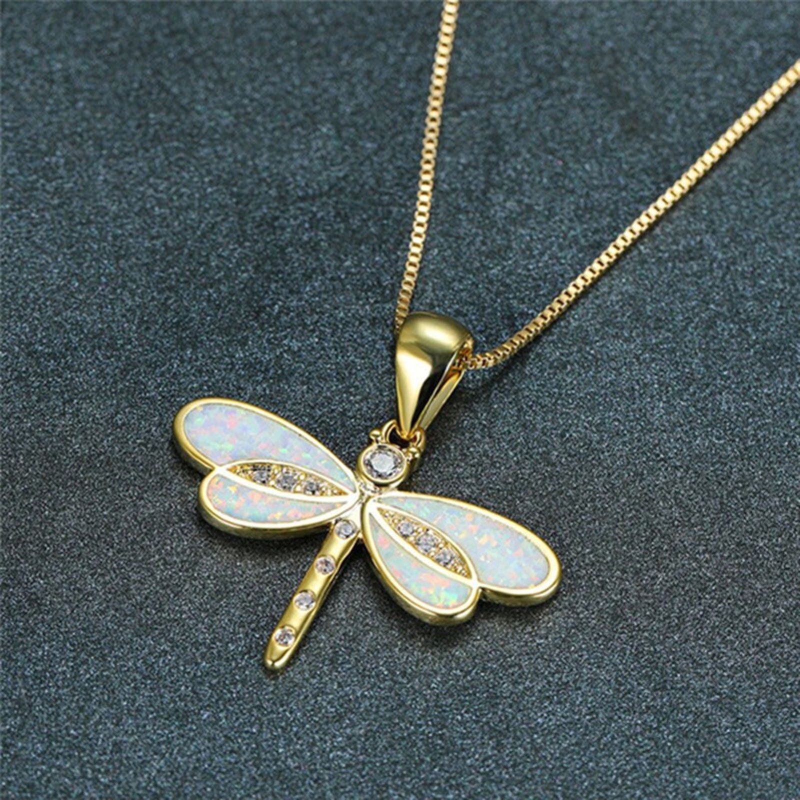 White Opal Dragonfly Gold Pendant Necklace Cyrstal – Beautiful Nature, Elegant