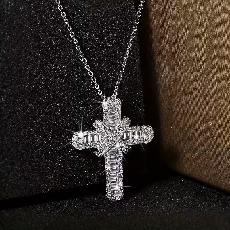 Elegant Baguette Cross Pendant Necklace for Women Silver Sparkling Crystal Gift