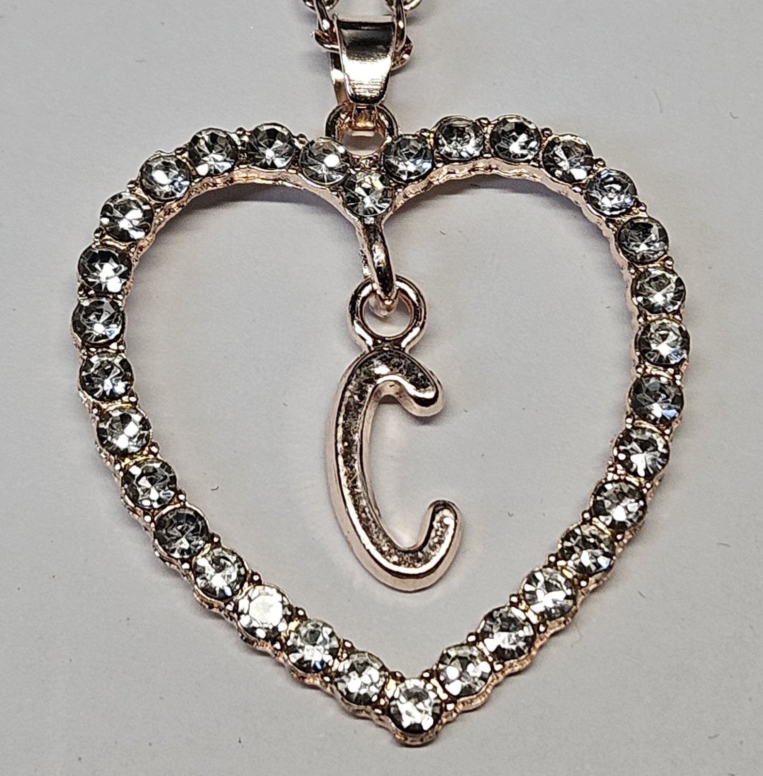 Letter Heart Necklace – Rose Gold Pendant Crystal Rhinestone Inital Charm Bling