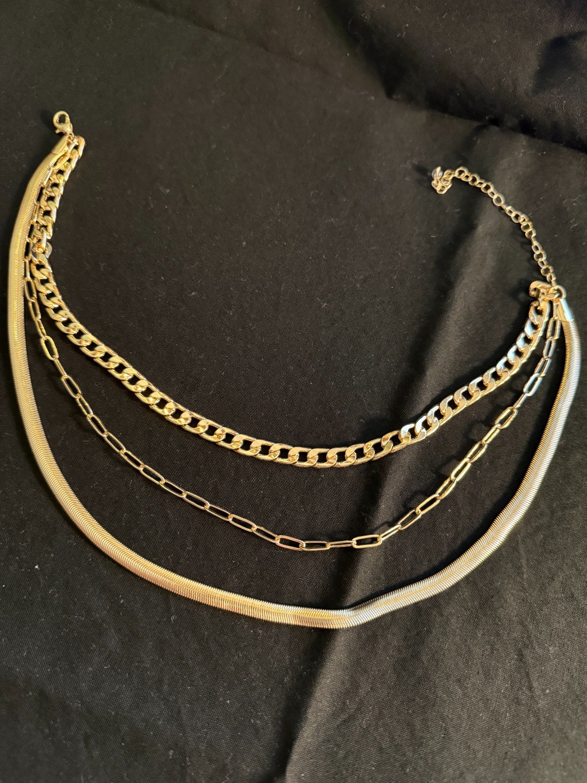 Gold Tone Triple Layer Chain Necklace Herringbone Paperclip Cuban Link 16-19″