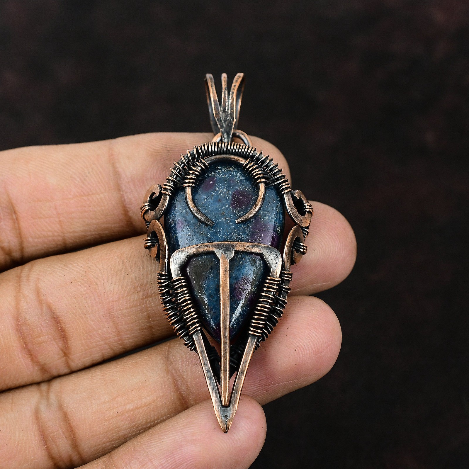 Halloween Deal Rubi In Blue Kyanite Gemstone Wire Wrapped Pendant Jewelry Copper