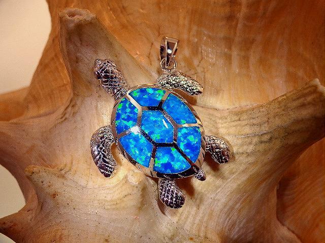 26MM RHODIUM 925 STER SILVER INLAID BLUE OPAL TEXTURED HAWAIIAN TURTLE PENDANT