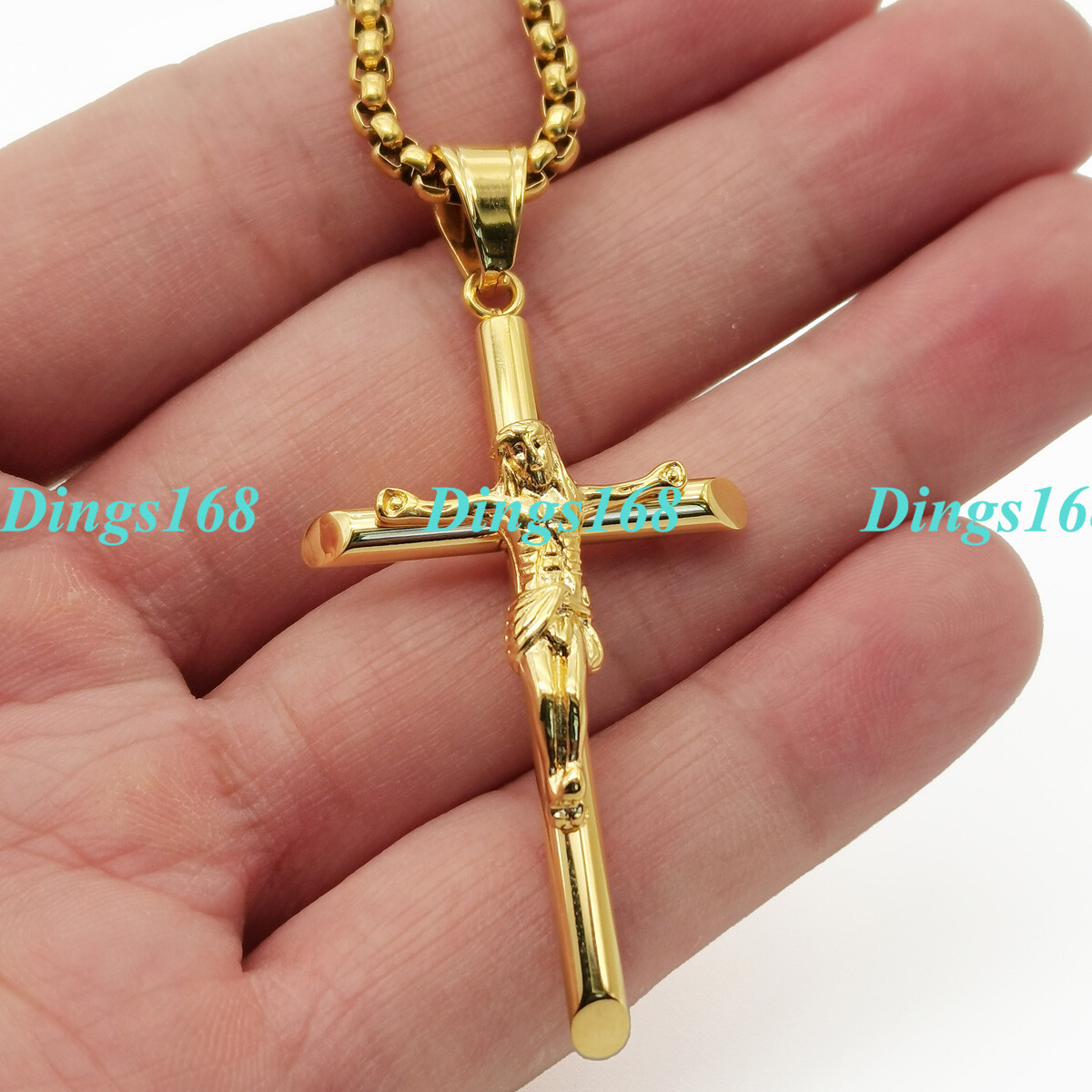 18K Yellow Gold Filled Crucifix Cross Pendant + 18″-28″ Box Chain Necklace B378Y