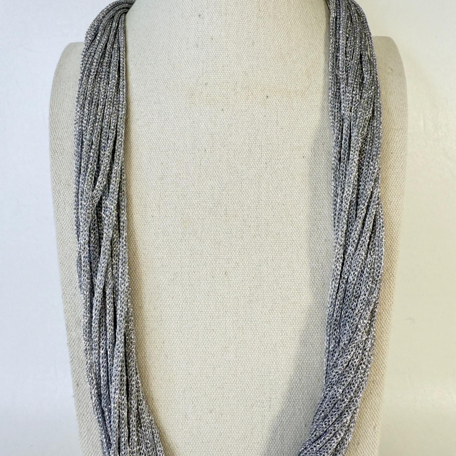 Multi Strand Metallic Cord Twist Necklace Silver Tone Long Length