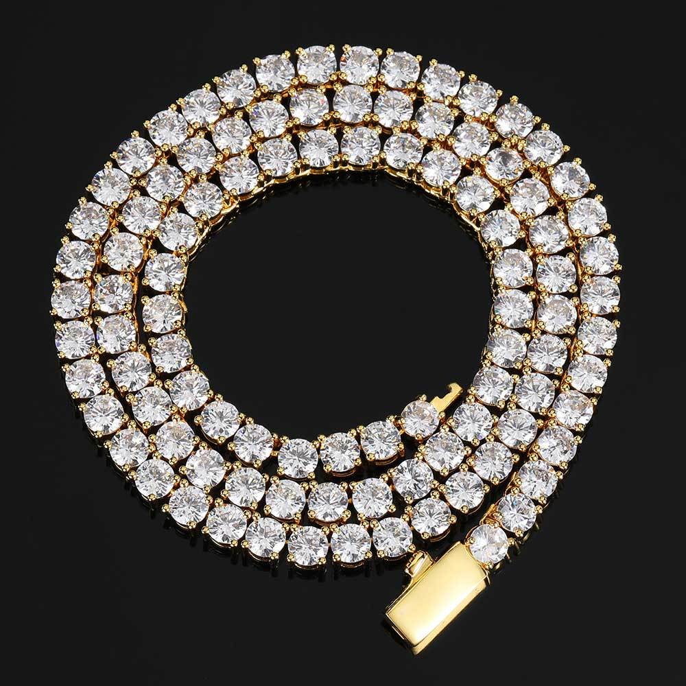 Hip Hop Tennis Chain Necklace 18K Real Gold Plated Full 5A Zircon Spring Clasp