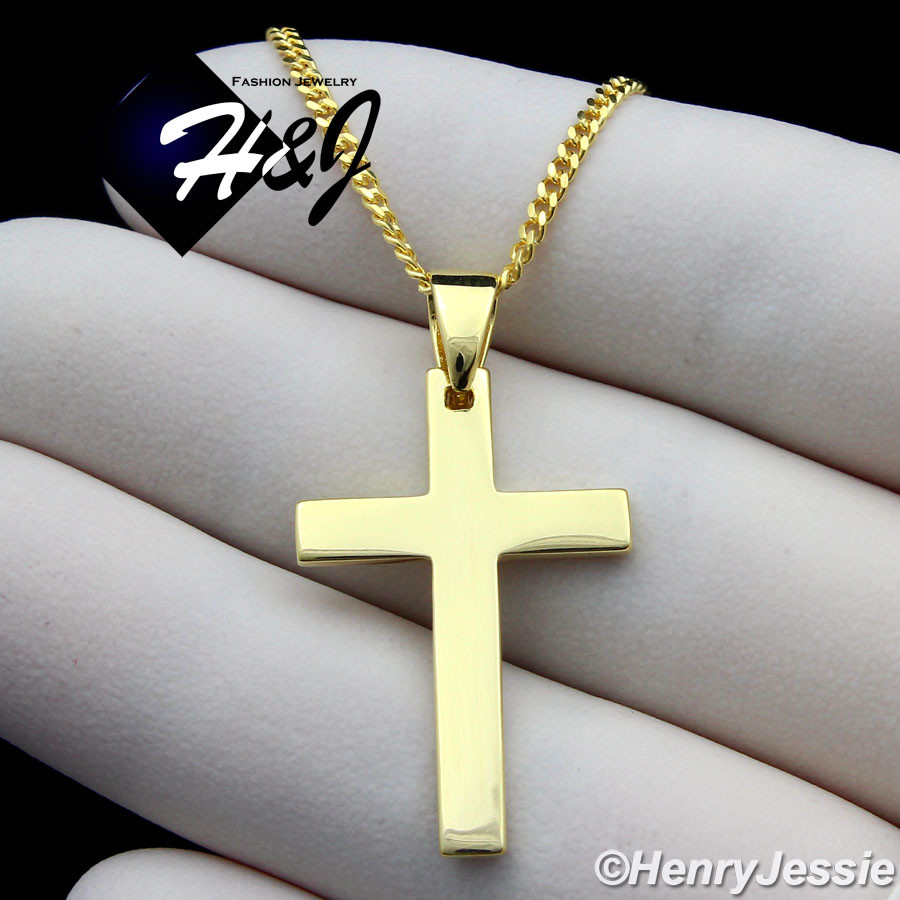 925 STERLING SILVER 16″-24″X2MM GOLD PLATED CUBAN CHAIN PLAIN CROSS PENDANT*G194