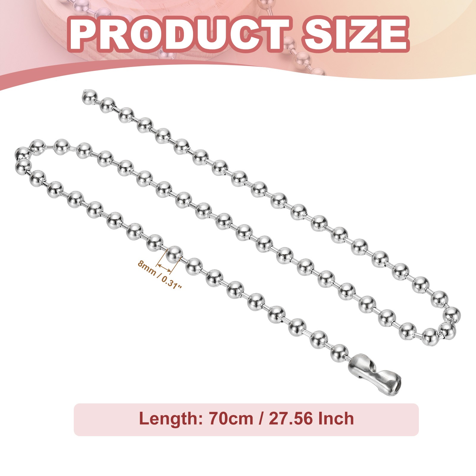 Silver-tone Beaded Chain Necklace, 8mm Bead Ball Necklace, 28 Inch Length
