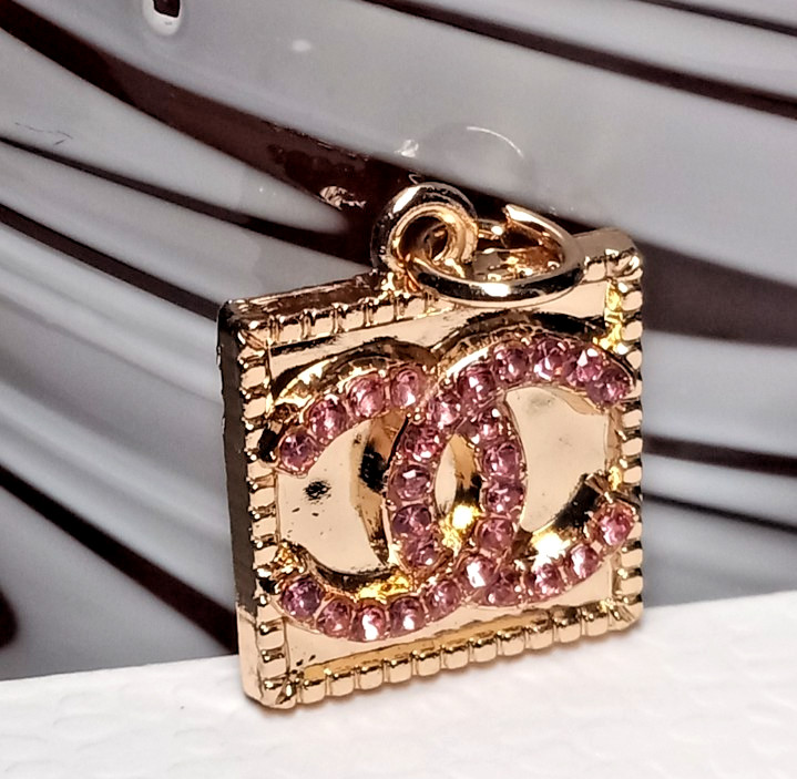 Designer Pink Rhinestones & Gold Tone, Zipper Pull Button Charm pendant