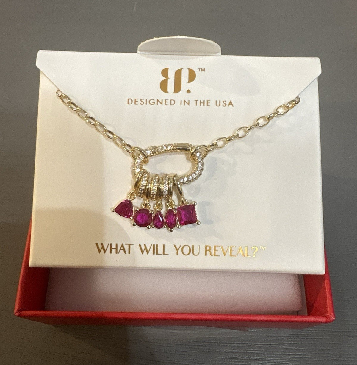 Ring Bomb Party Gold Plated Lab Ruby Rhinestone Charm Necklace 18″ NK91456