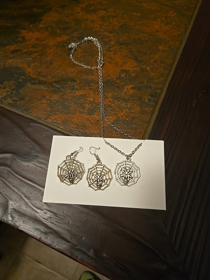 Necklace And Earrings Spiderweb Charm Halloween or Anytime
