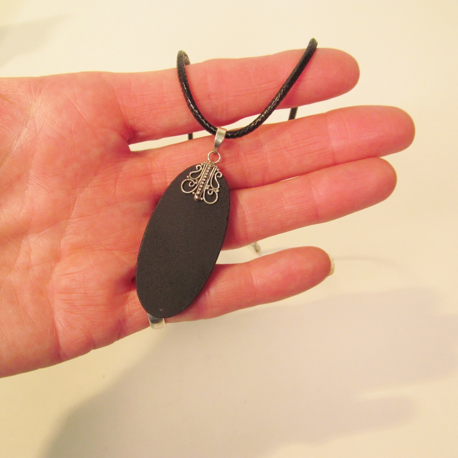 2″ Long Oval Lava Rock Stone 925 Sterling Silver Handmade Pendant