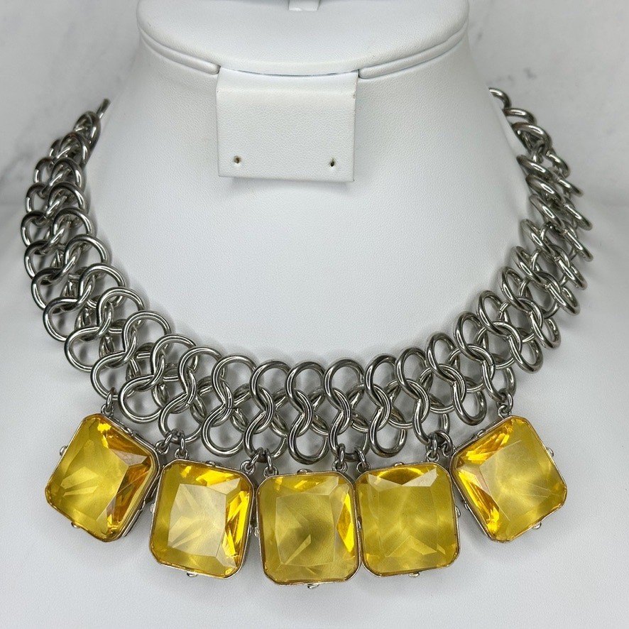 Chico’s Chunky Rhinestone Bib Necklace Yellow Silver Tone 16-20in
