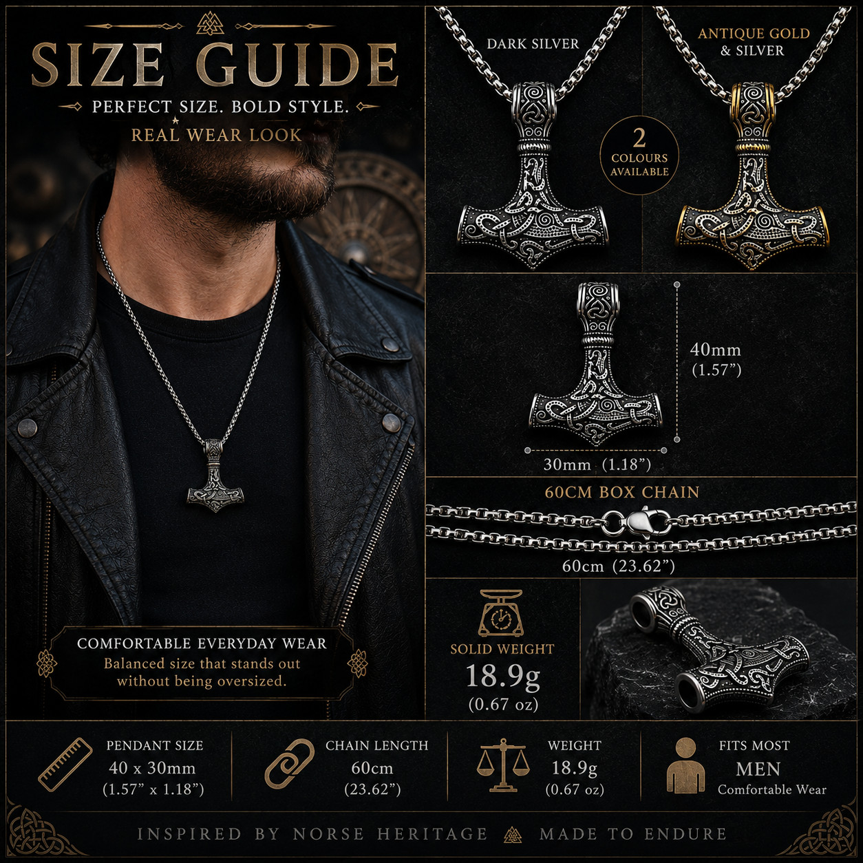 Norse Viking Mjolnir Hammer Pendant Necklace Antique Silver & Gold Celtic Chain