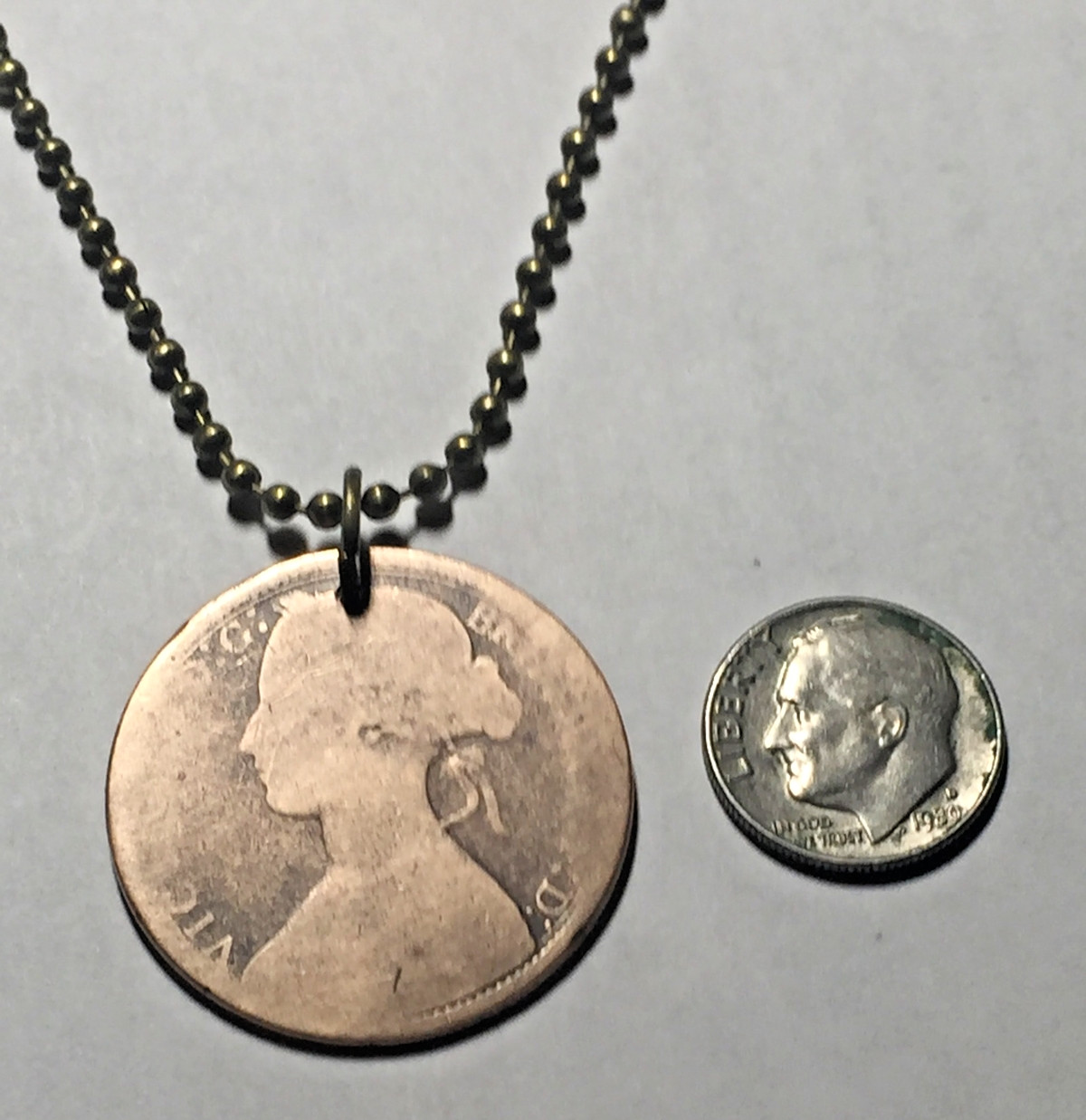 1873 UK Real Circulated 150 Year Old Large Penny Coin Pendant. Queen Victoria