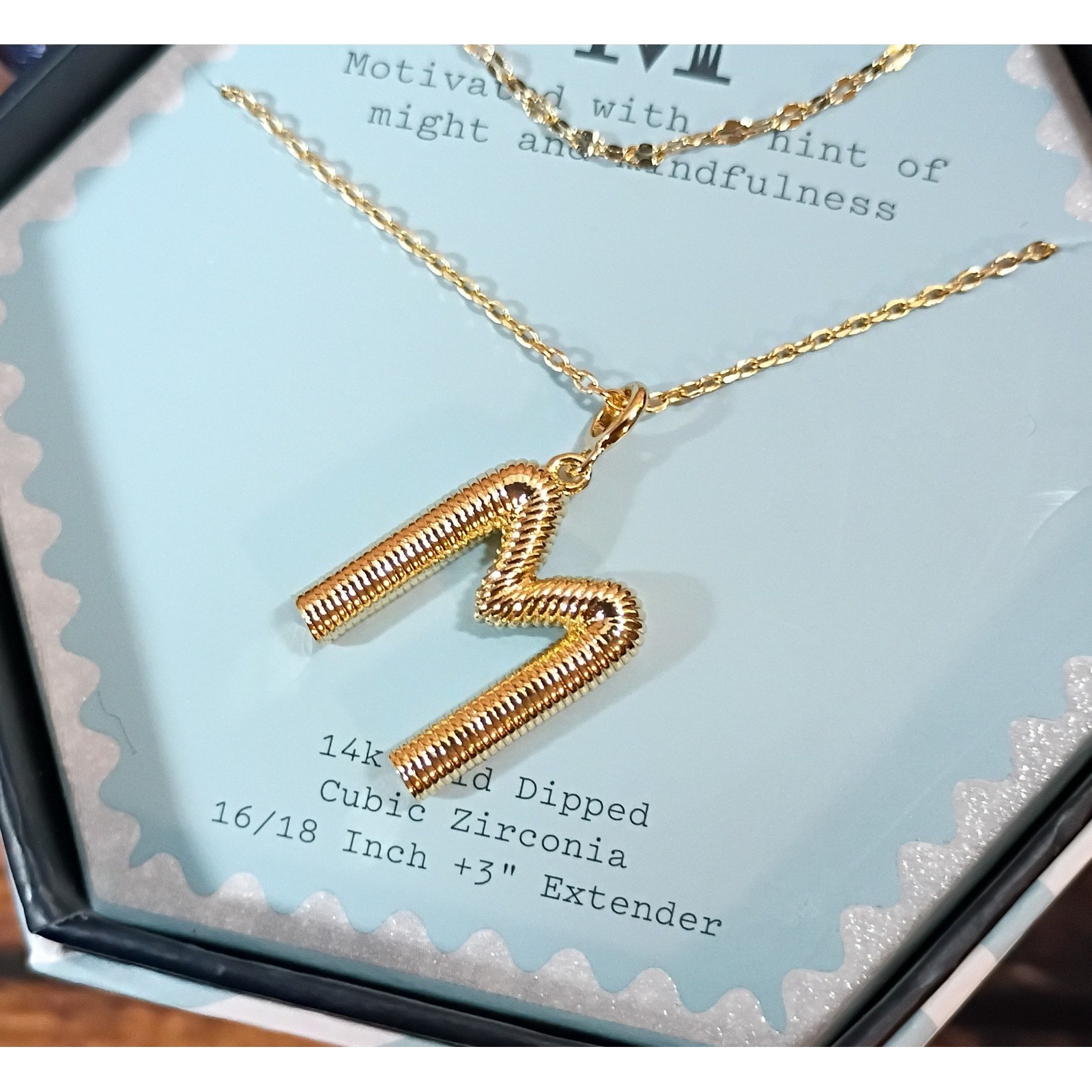 A New Day 14k Gold Dipped Initial M Necklace Cubic Zirconia Ribbed Pendant Boxed