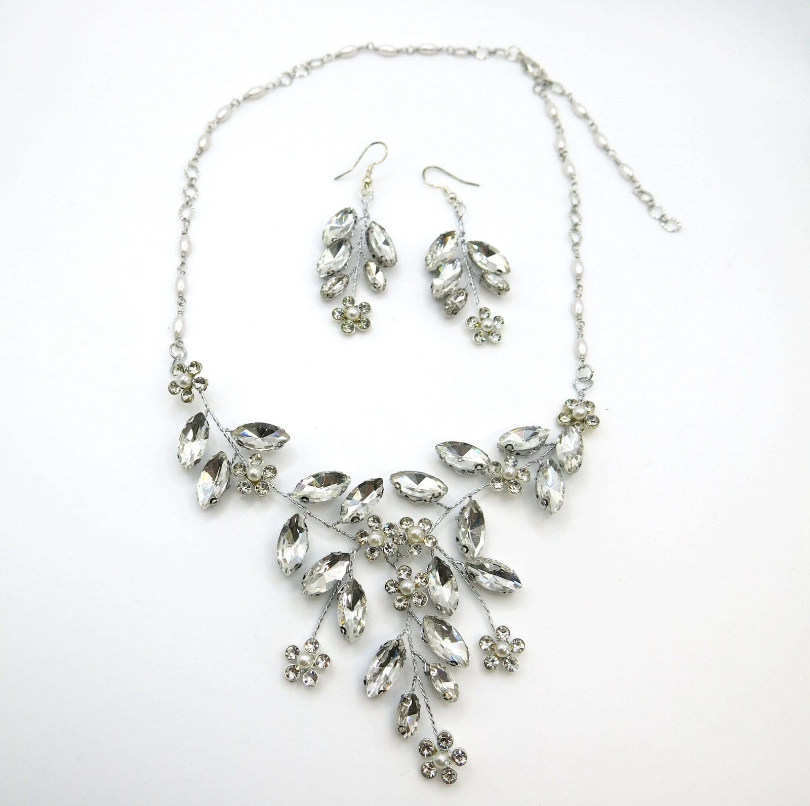 Wedding 3 PC Crystal Wire Jewelry Set, Bridal Floral Gem Necklace and Earrings