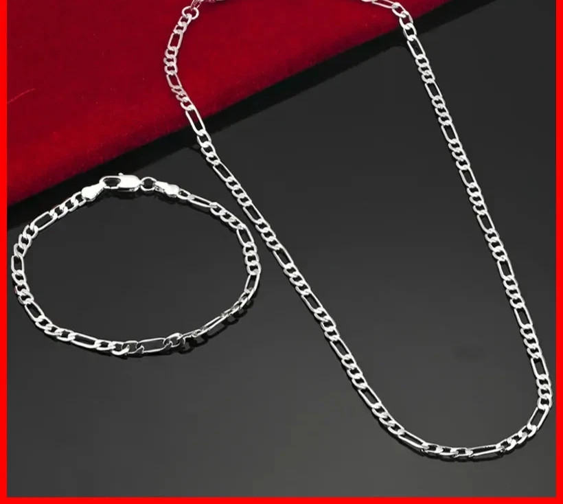 925 Sterling Silver 4mm Chain Necklace Bracelet Set for Men & Women Jewelry Gift
