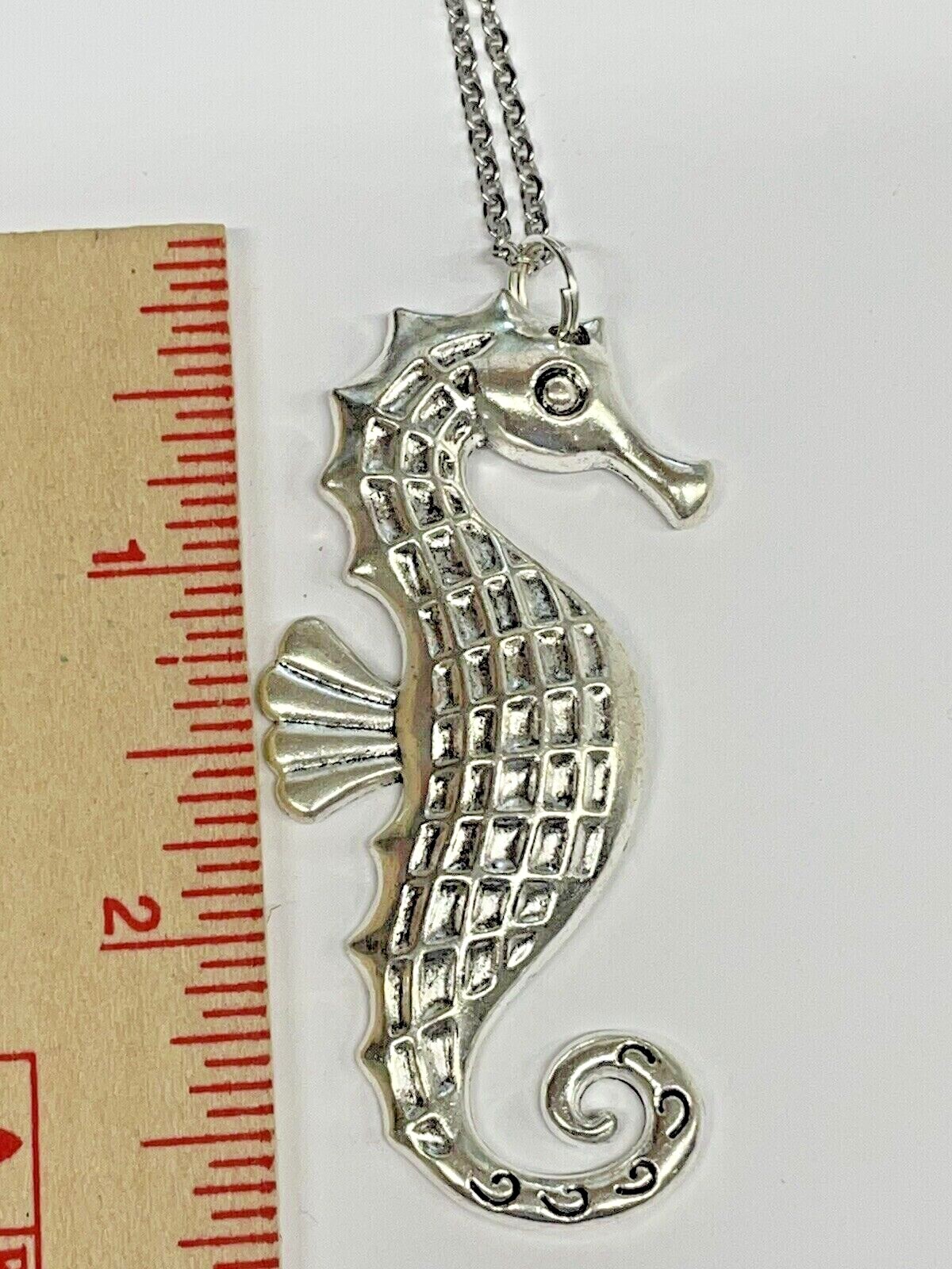 Sea Horse Silver Necklace 24″ Stainless Coastal Sea Life Jewelry NEW