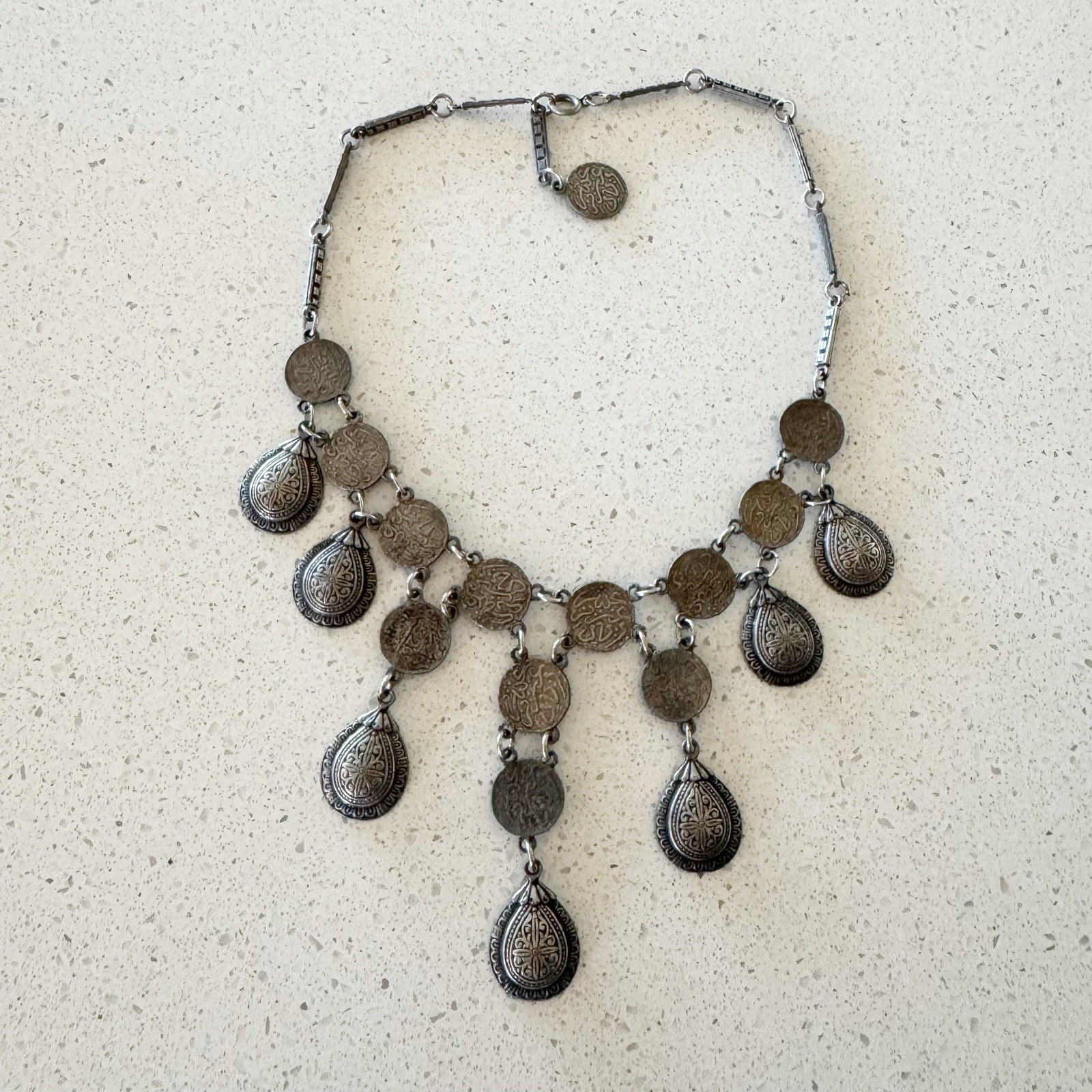 Silver Tone Metal Tear Drop Dangle Bib Coin Necklace
