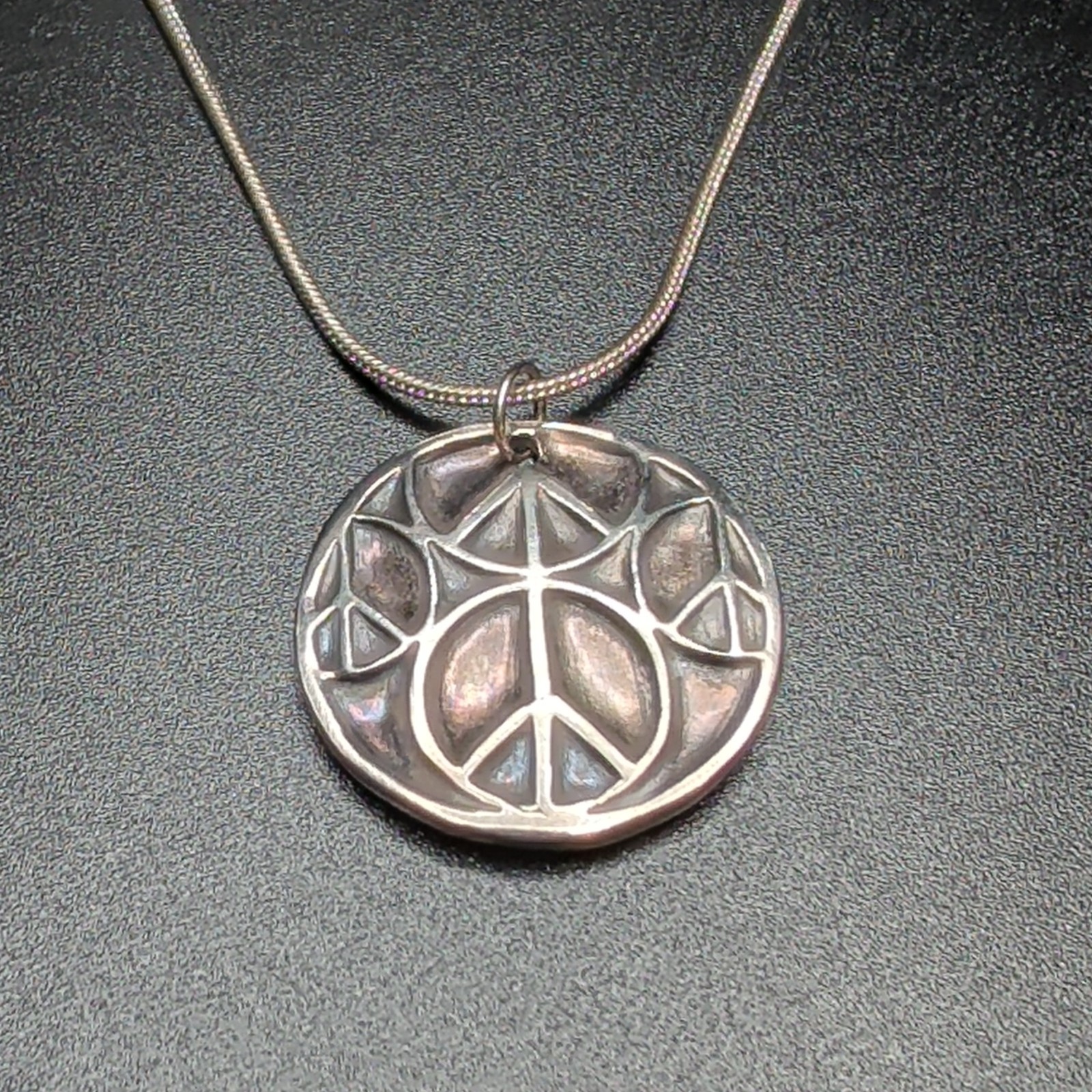 Stirling Silver Round Peace Charm Pendant Necklace Metal Snake Chain