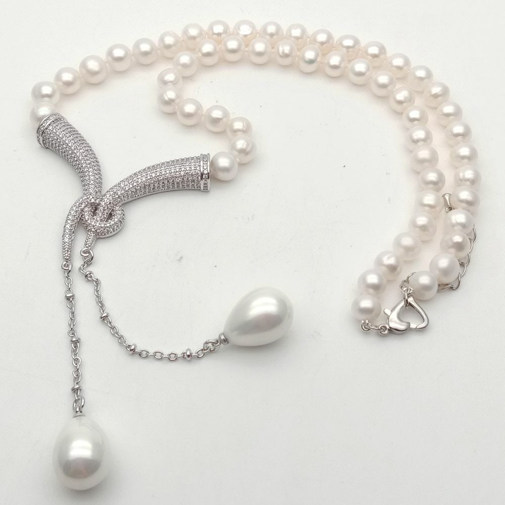 Cultured White Pearl Necklace White Sea Shell Pearl cz pave Pendant 20″