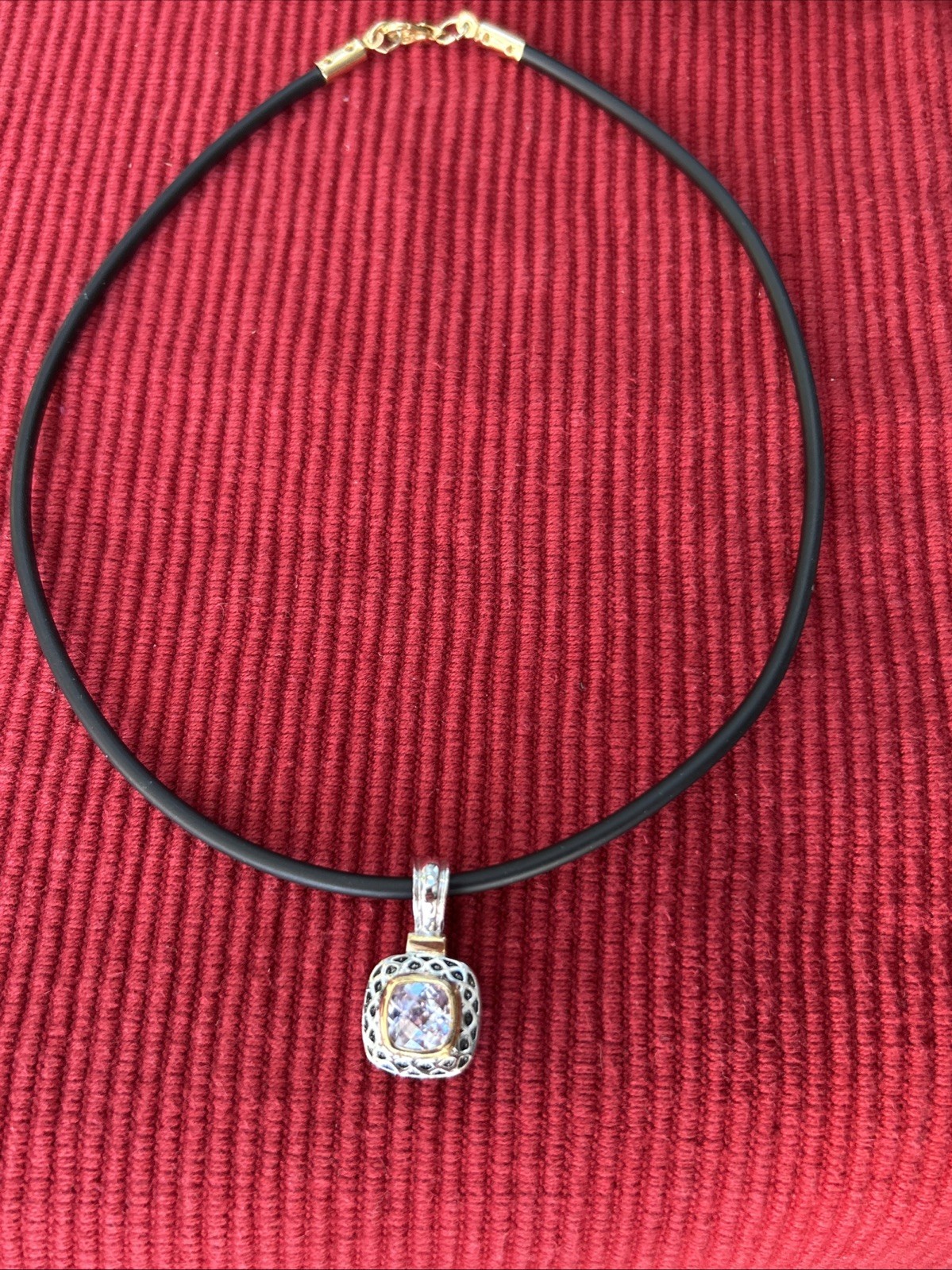 Gold And Silver Tone Square Pink Lab Diamond Pendant Necklace On Black Cord 16”