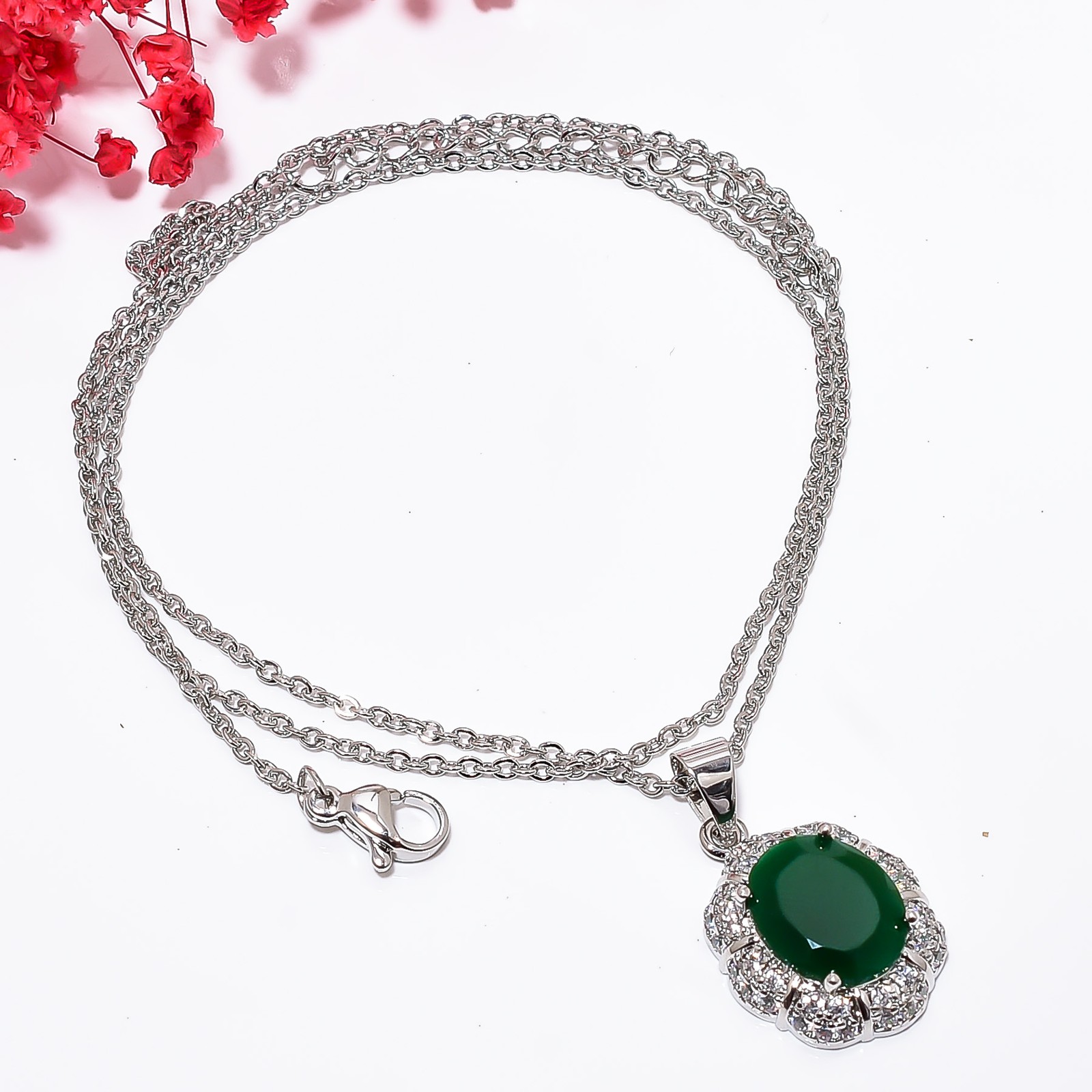 Emerald Simulated & Cz 925 Sterling Silver Pendant With Chain 18-20″ CP153930