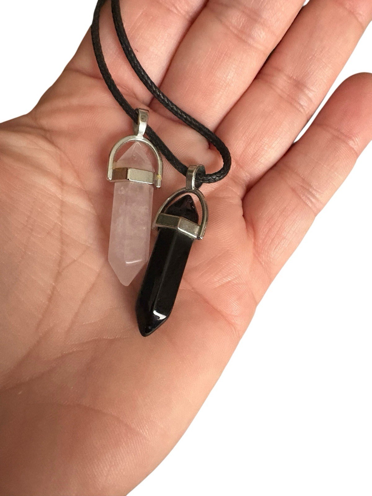 Black & Rose Quartz Point Pendant Necklace – Double Crystal, Faux Leather Cord