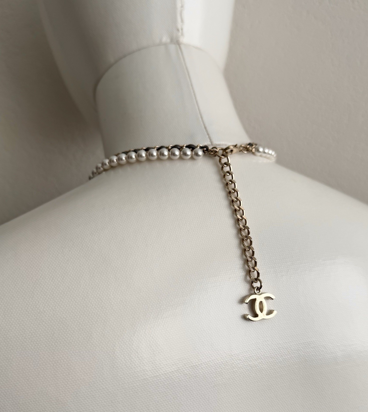 Chanel Pearl Crystal CC Necklace Bronze Leather 23P Adjustable Light Gold Chain