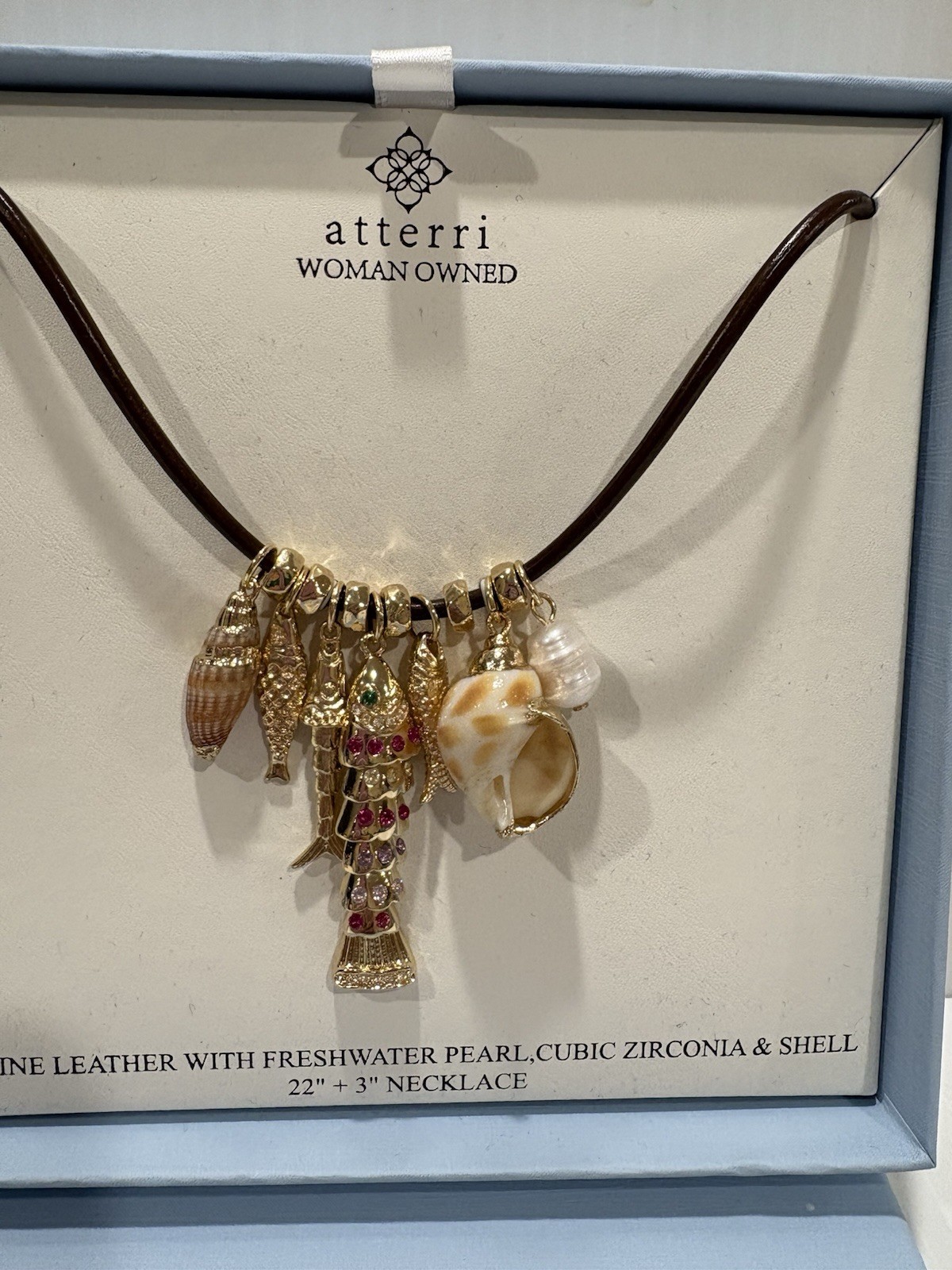ATTERRI CHARM NECKLACE GENUINE LEATHER W FRESH WATER PEARL CUBIC ZIRCONIA &SHELL