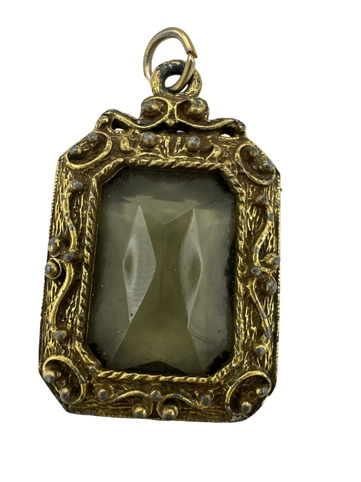 Large Emerald Cut Glass Stone Filigree Goldtone Setting Pendant Intricate