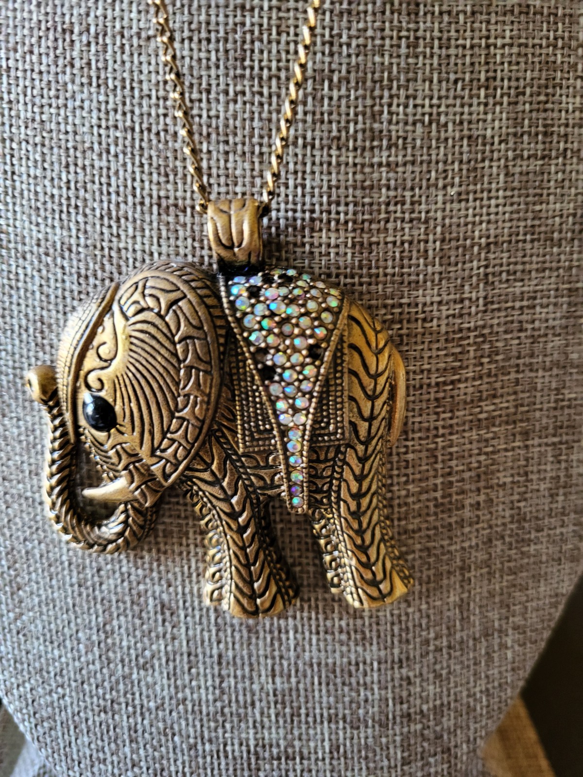 Elephant pendant necklace intricate patterns brass-tone metal finish