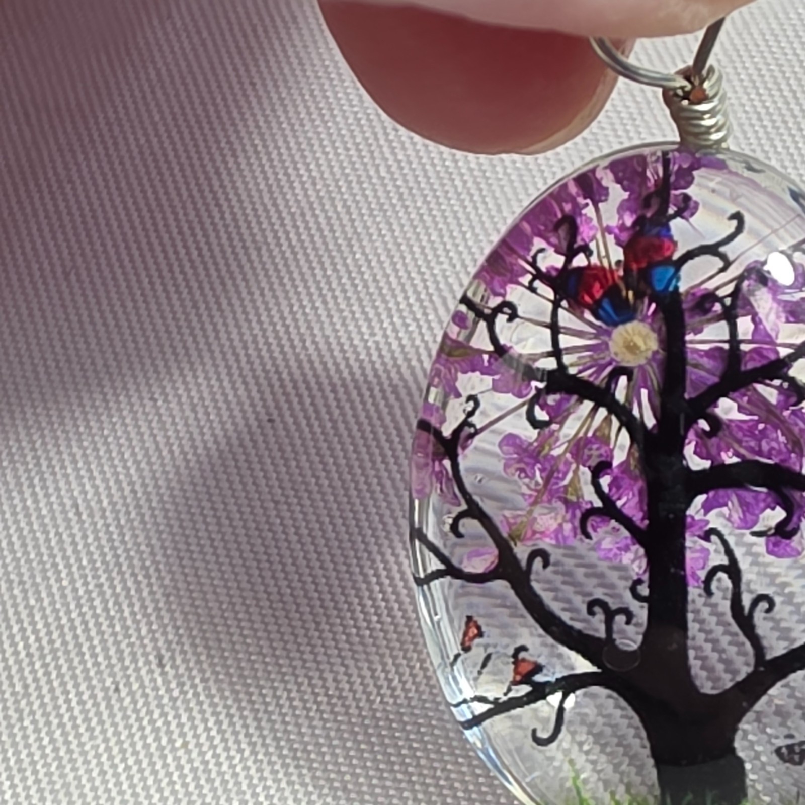 Tree of Life Resin Oval Pendant Dried Purple Flowers Butterflies, Tree & Grass