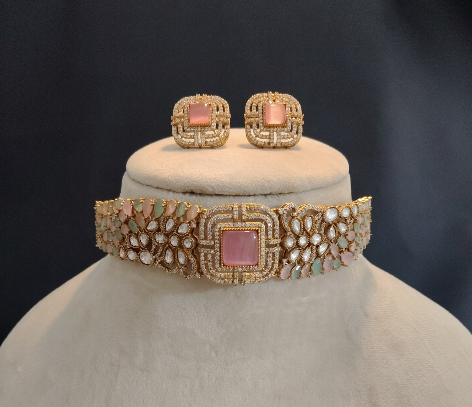 Khadija Indian Wedding Blush Pink and Mint Green Choker Set Roz Jewellers.