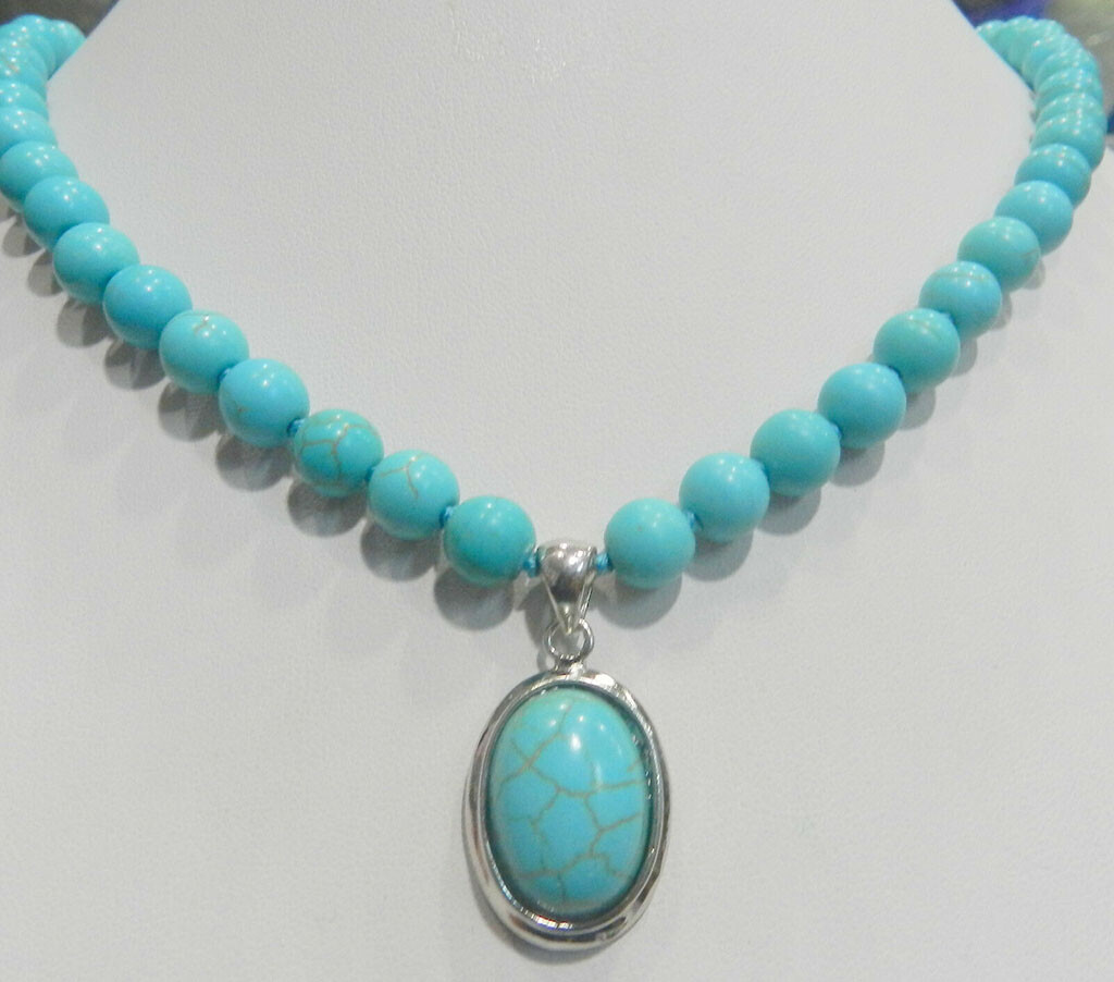 8mm Turkish Blue Turquoise Round Gemstone Beads & 16x22mm Pendants Necklace 18”