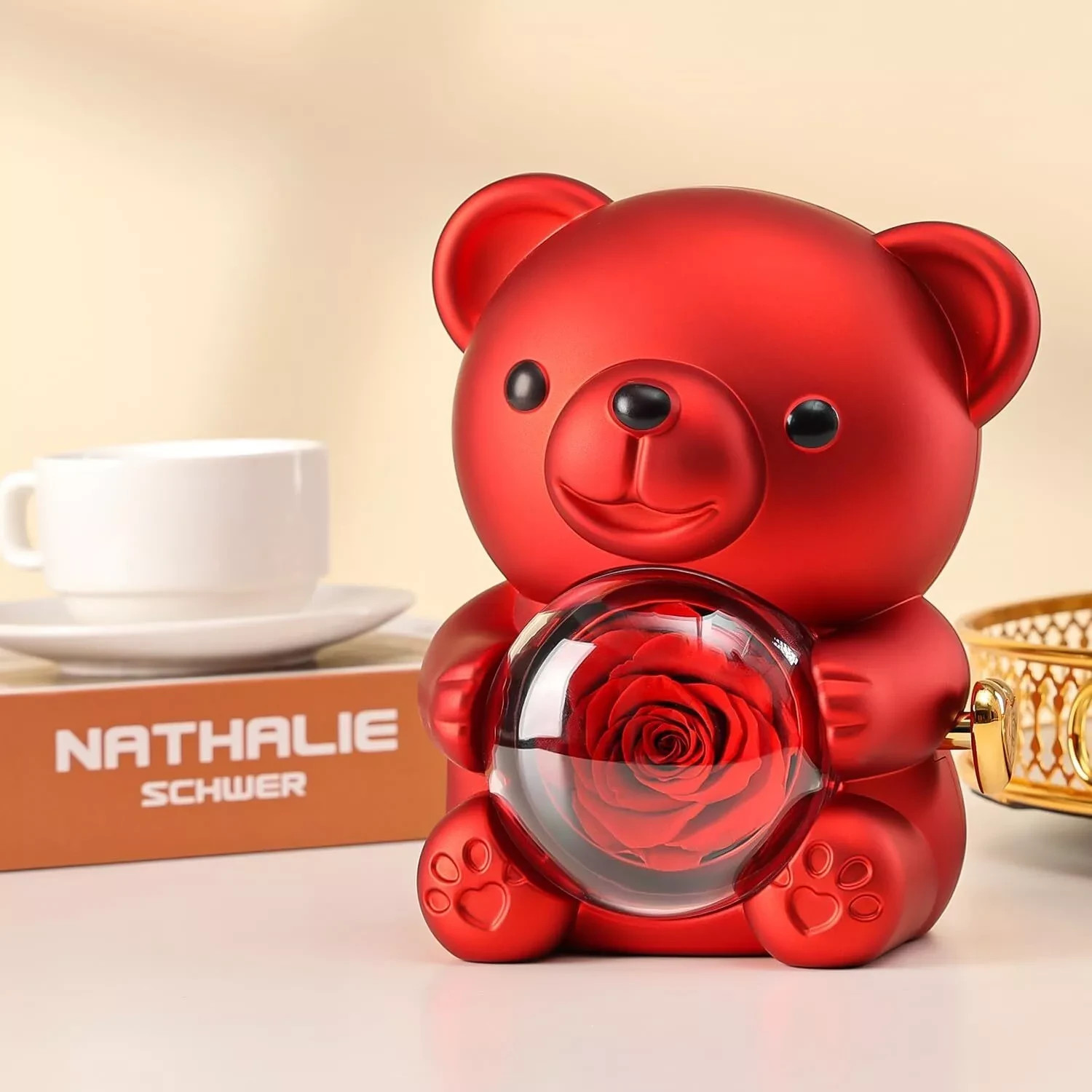 Romantic Hug Teddy Bear with Necklace, Preserved Red Rose, Gift Box for Women