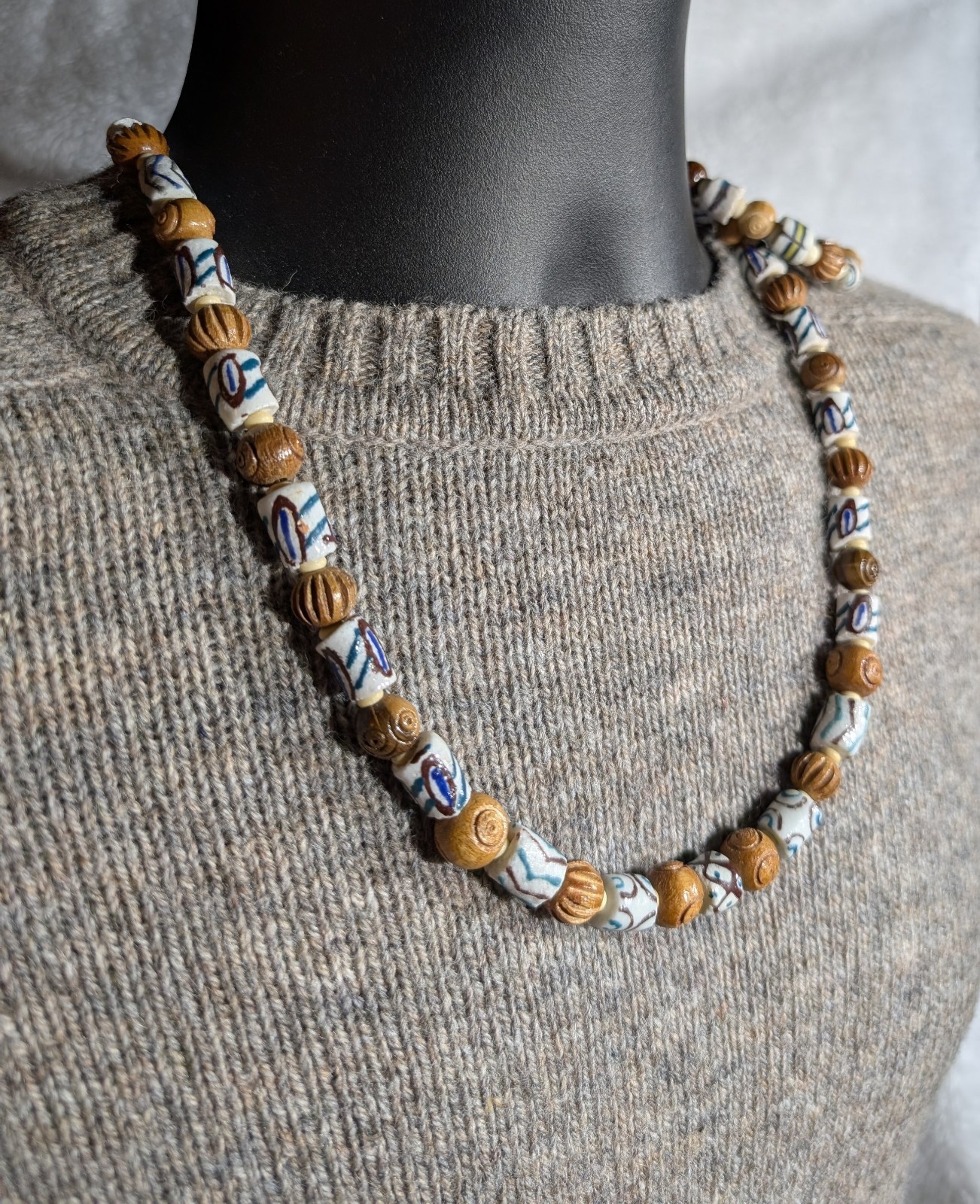 Men’s 24in Tribal Necklace and 8in sizeable Bracelet, White Krobo, for healing