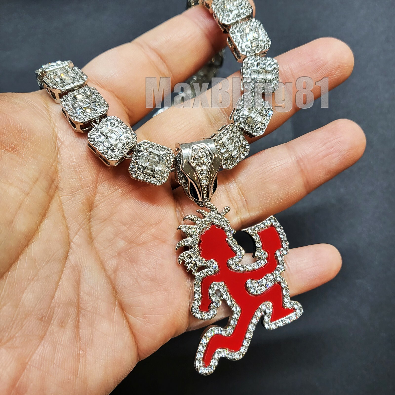 Silver plated HATCHET MAN Pendant 16″ 18″ 20″ Iced Baguette Stone Chain Necklace