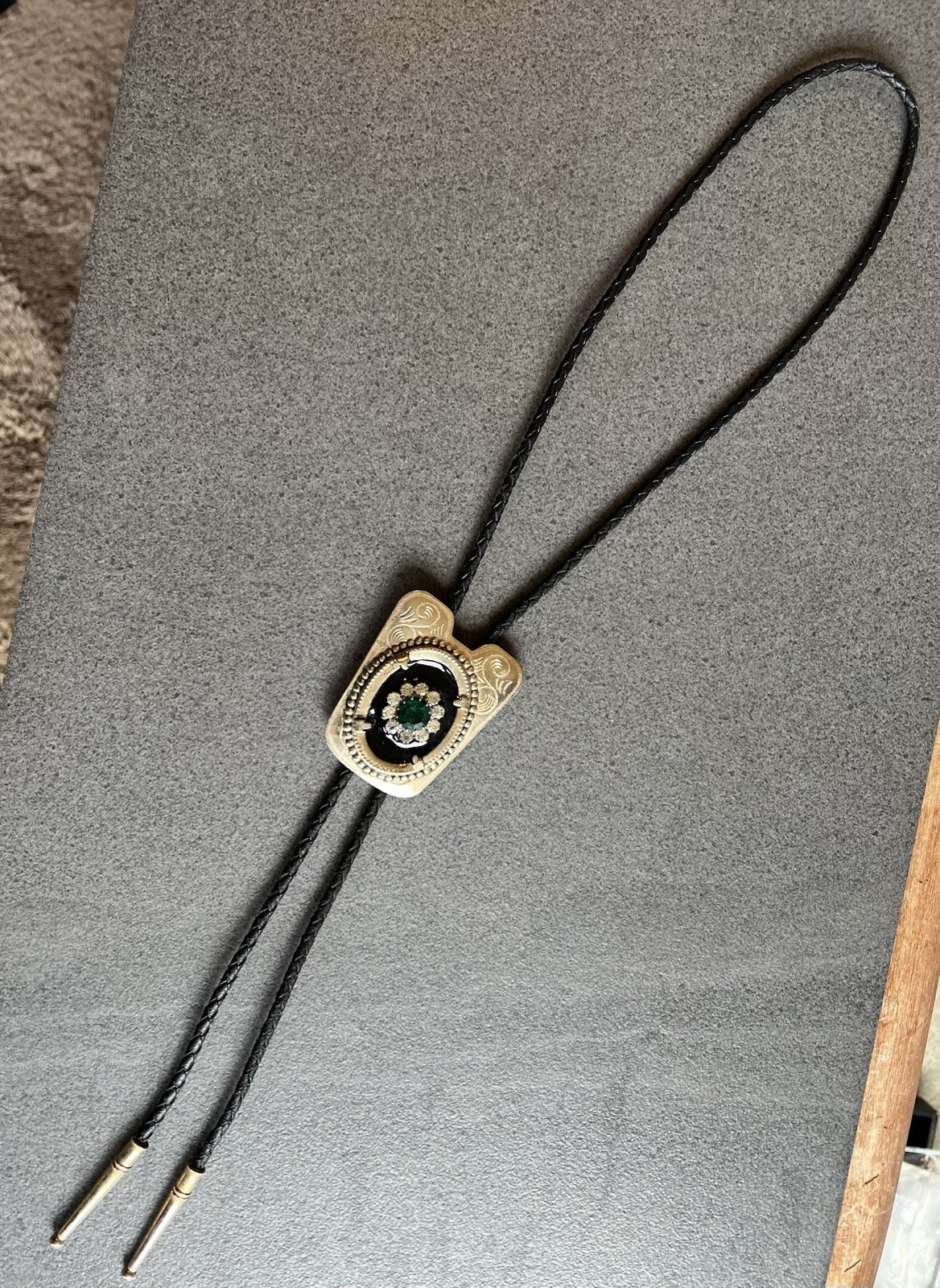 Gold Tone Western Bolo Tie w/ Green Rhinestone and Black Faux Onyx