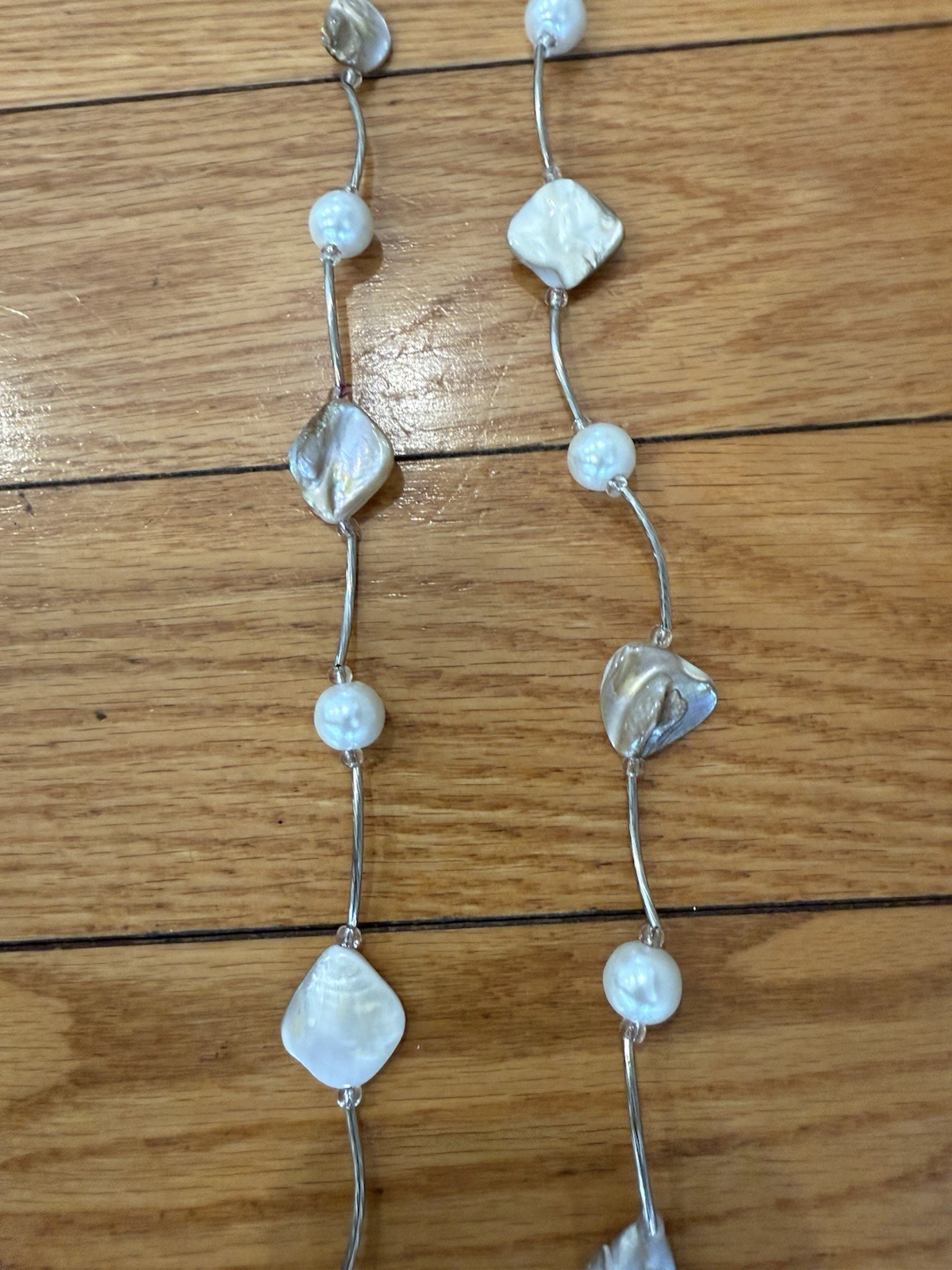 Fashion Layered Necklace & Earrings Abalone & Faux Pearl Silver Tone 54” Boho