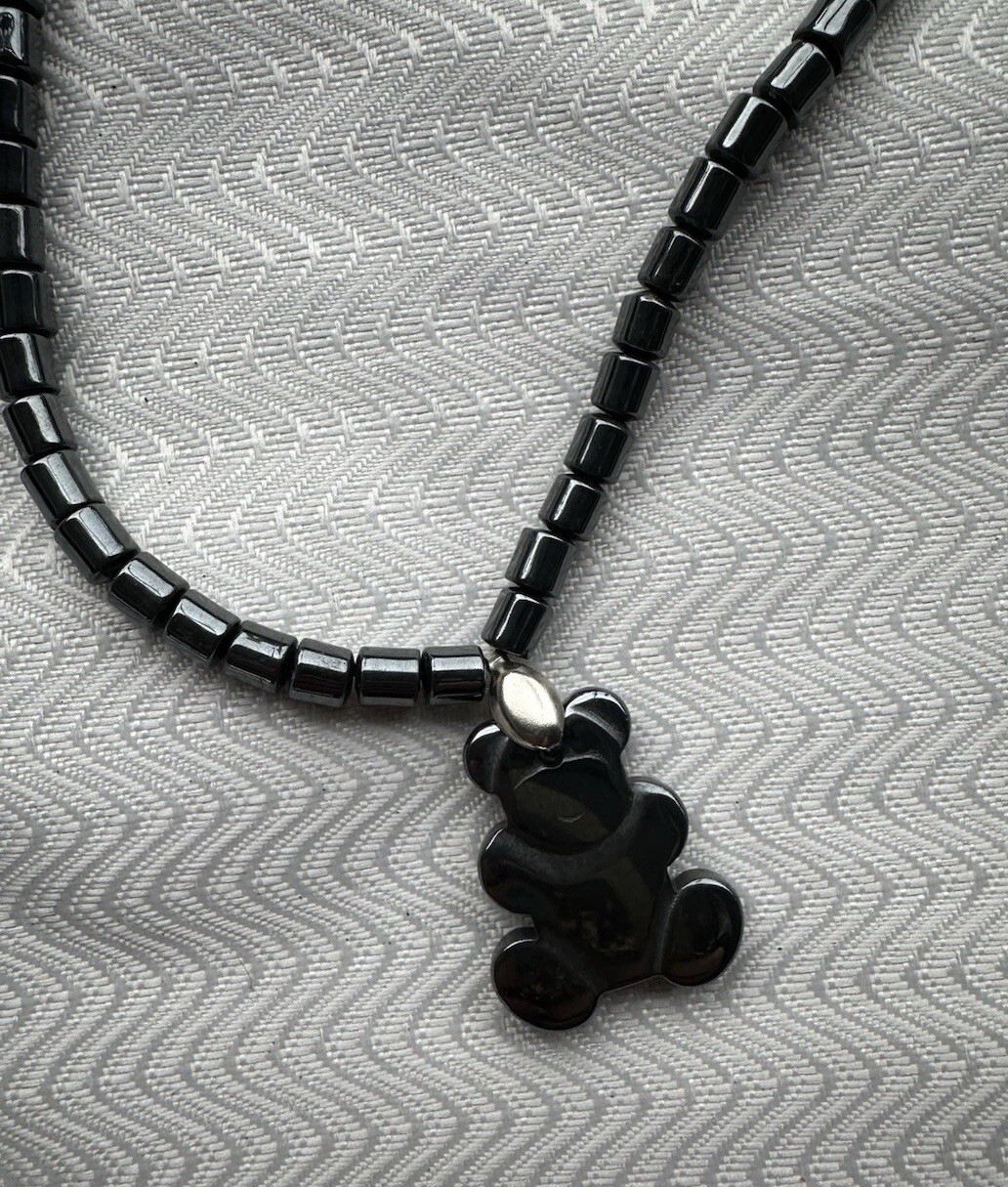 Black Hematite Beaded Teddy Bear Pendant Necklace Barrel Clasp