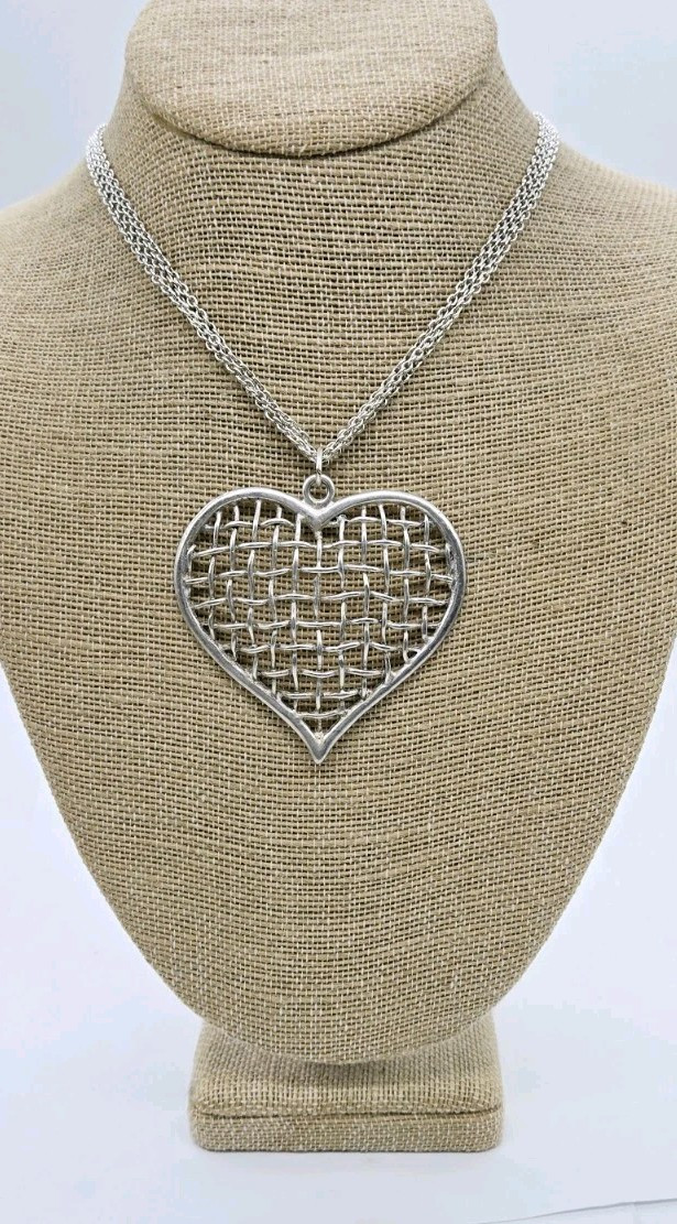 HEART Pendant Layered Necklace Cut-Out Silver tone 30 in Modern Modernist